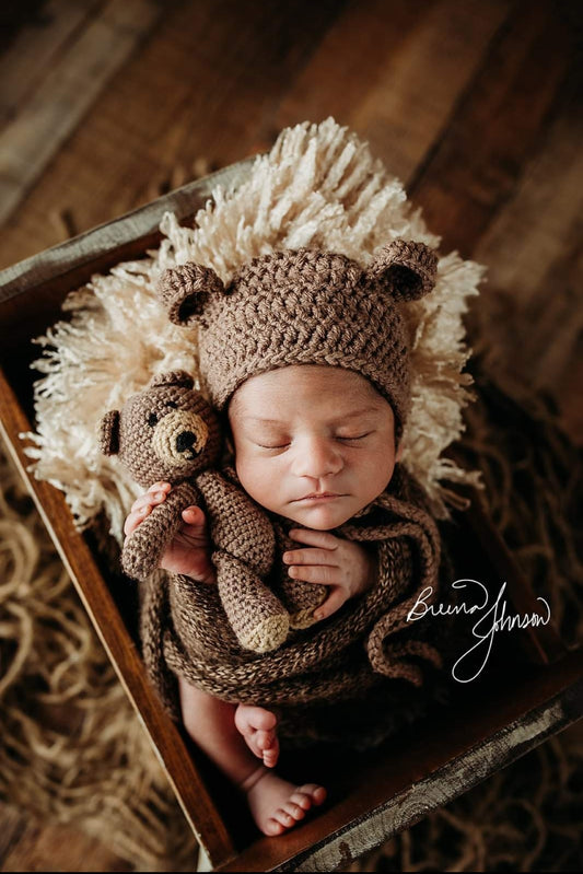 Crochet Teddy Bear Hat and Toy Set For Newborn Photo Sessions Photography Prop Bear Toy Set Animal Baby Costume Bonnet Shower Gift